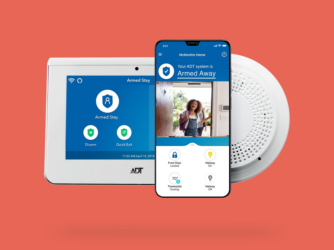 ADT command panel, ADT cellular app, and ADT smoke alarm against a red background