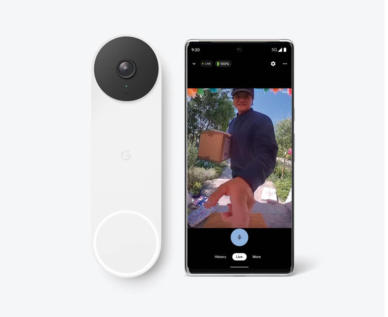 Google Nest Doorbell Camera next to a phone showing footage Google Nest Doorbell Camera next to a phone showing footage