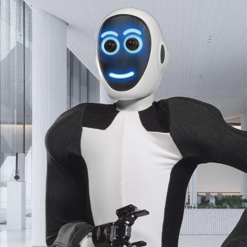 Drone and humanoid robot in office atrium