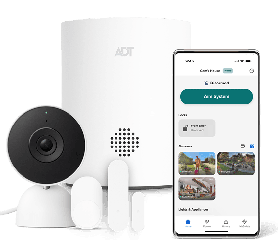 ADT base station, indoor camera, door sensors, and the ADT mobile app.