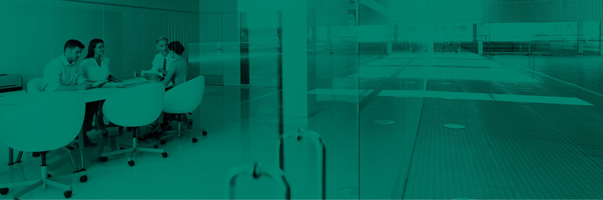People in glass-walled office conference room