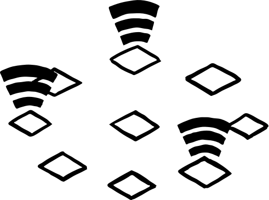 Drawing of small squares, some with radiating lines