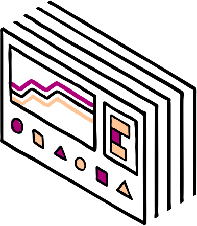 Drawing of an array of computer interface dashboards