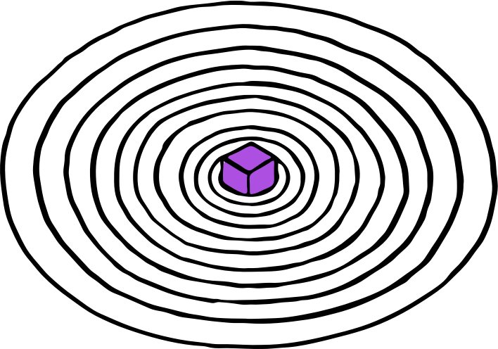Abstract drawing of cube encircled by rings