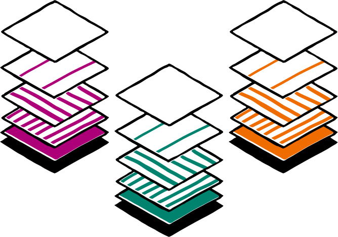 Drawing of three stacks of patterned layers