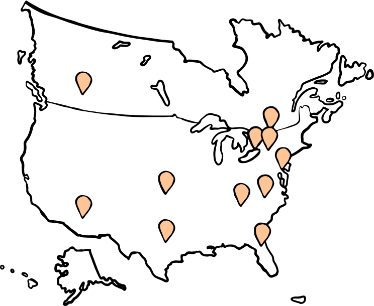 Map of U.S. and Canada showing ADT monitoring centers