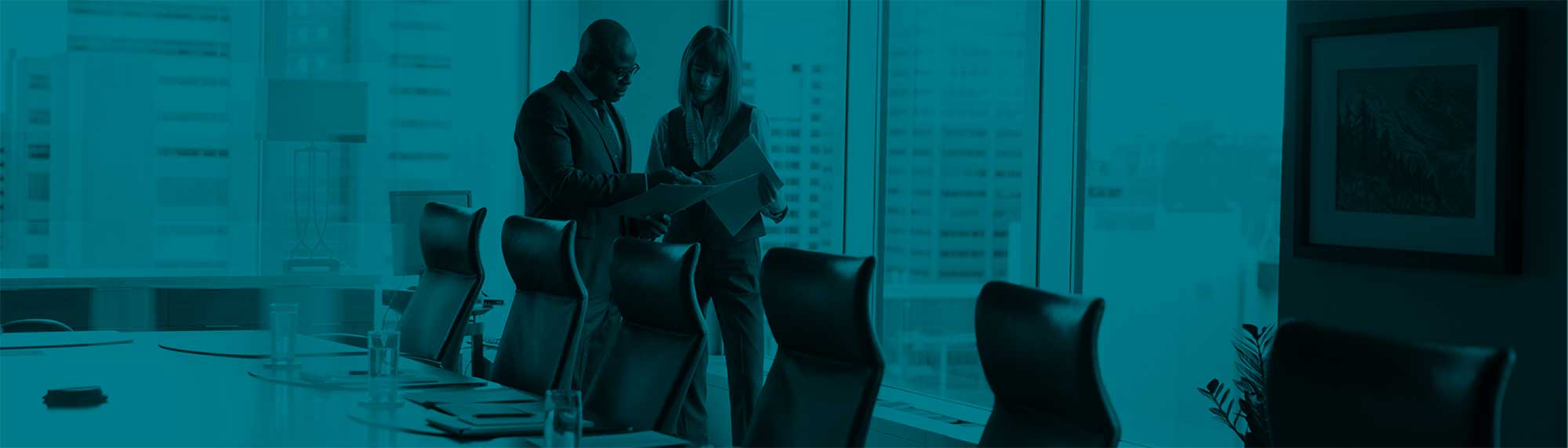 Two professionals talking in a meeting room