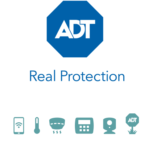 ADT Real Protection logo and security device icons
