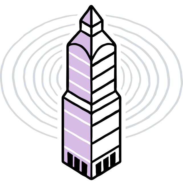 Drawing of building with radio waves emanating from it.