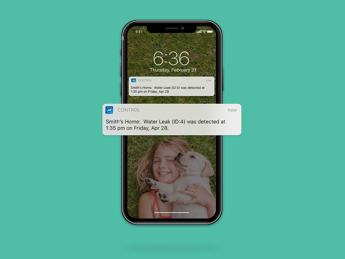 Picture of a cell phone showing a push notification from the ADT app about a water leak