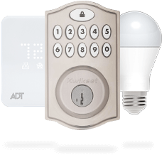 ADT thermostat, ADT smartlock, and ADT smart lightbulb