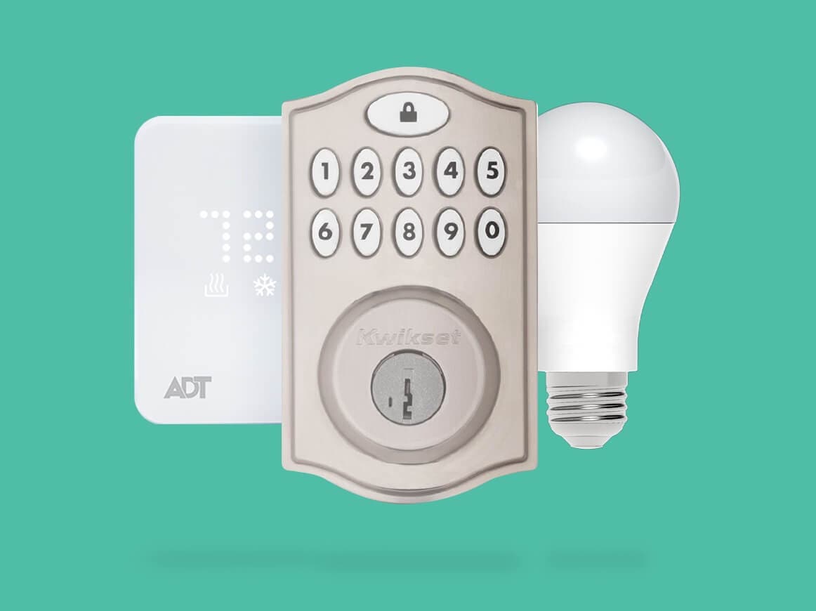ADT thermostat, ADT smartlock, and ADT smart lightbulb againgst a green background ADT thermostat, ADT smartlock, and ADT smart lightbulb againgst a green background