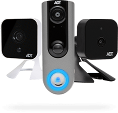ADT indoor camera in white, ADT doorbell, and ADT indoor camera in black
