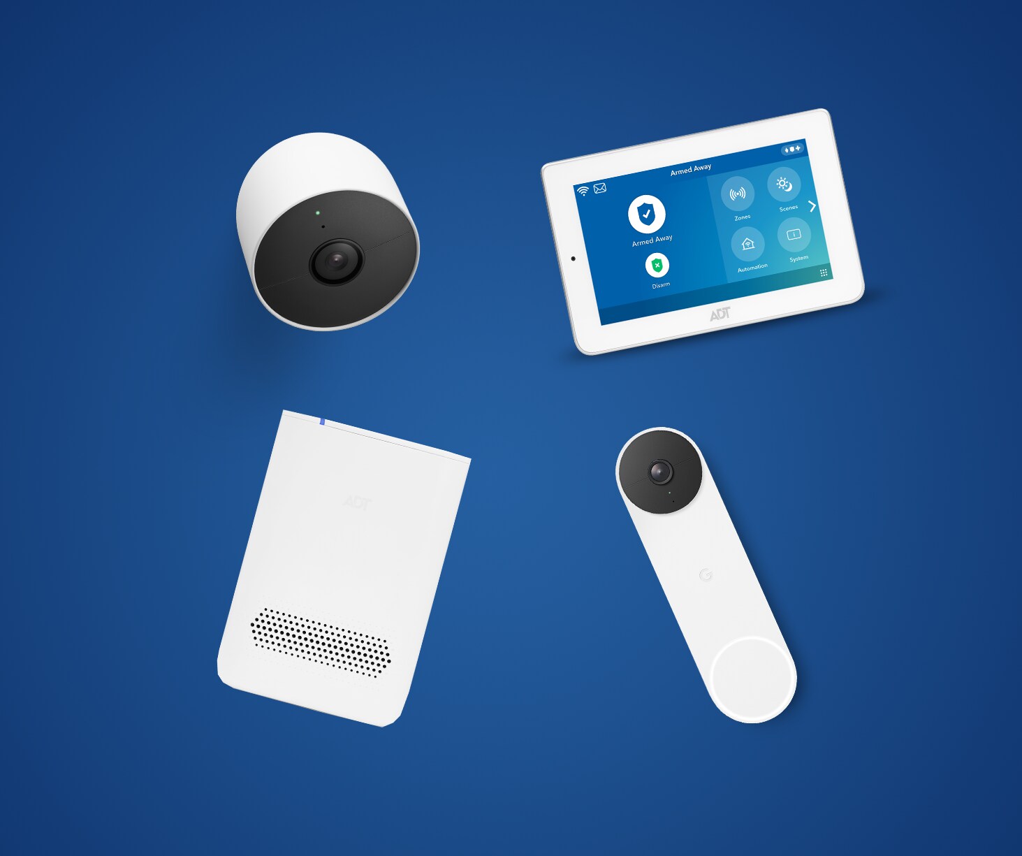 Google Nest Outdoor Cam, ADT Hub. ADT Command Panel, ADT Nest Doorbell on a dark blue background