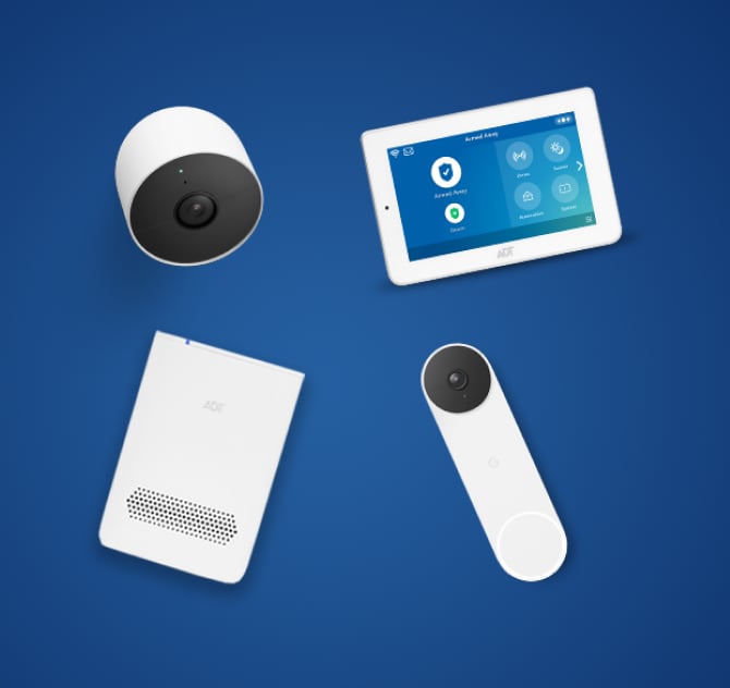 Google Nest Outdoor Cam, ADT Hub. ADT Command Panel, ADT Nest Doorbell on a dark blue background