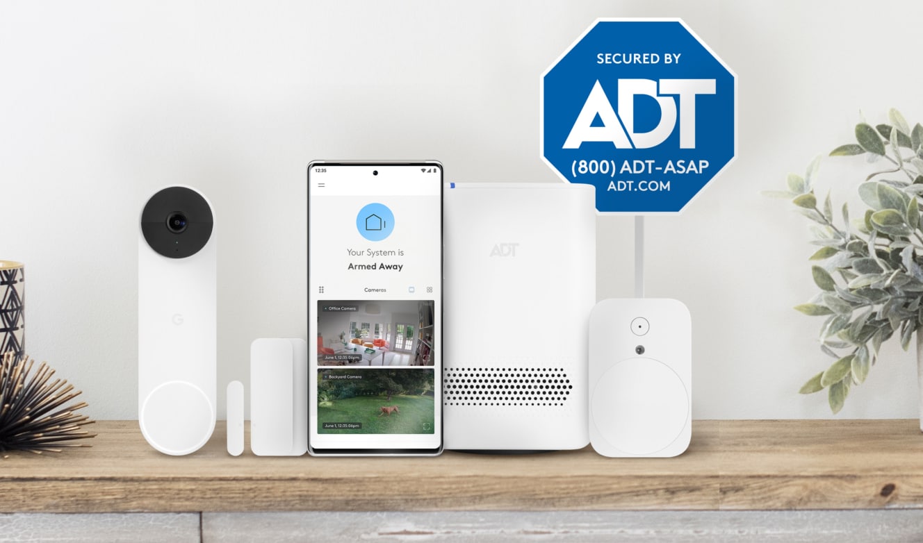 ADT self setup package with a doorbell, cellphone showing the app, hub, yard sign and more ADT self setup package with a doorbell, cellphone showing the app, hub, yard sign and more