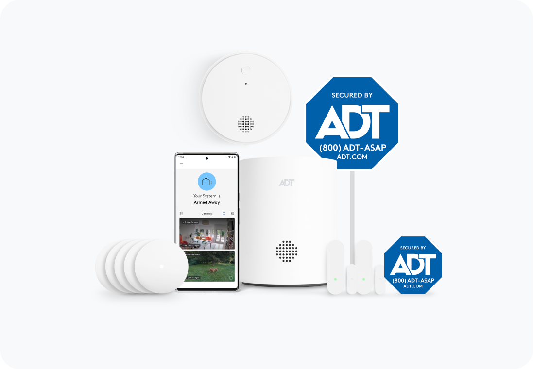 ADT Base Package including ADT app on cell phone, smoke detector, yard sign, window sign, and more. ADT Base Package including ADT app on cell phone, smoke detector, yard sign, window sign, and more.
