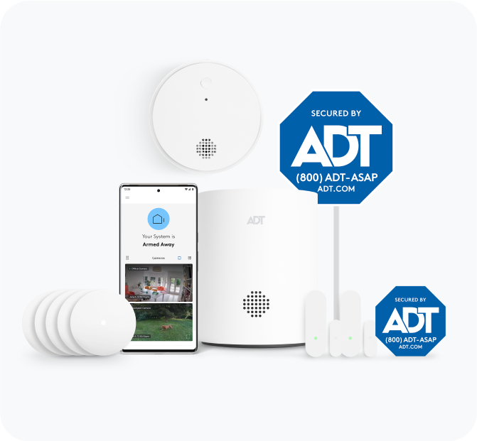 ADT Base Package including ADT app on cell phone, smoke detector, yard sign, window sign, and more. ADT Base Package including ADT app on cell phone, smoke detector, yard sign, window sign, and more.