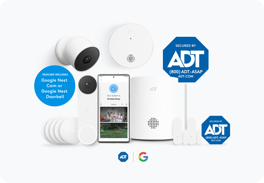 ADT Base Package and Google Camera Package including Google Outdoor Camera, ADT cell phone, smoke detector, yard sign, window sign, and more. ADT Base Package and Google Camera Package including Google Outdoor Camera, ADT cell phone, smoke detector, yard sign, window sign, and more.