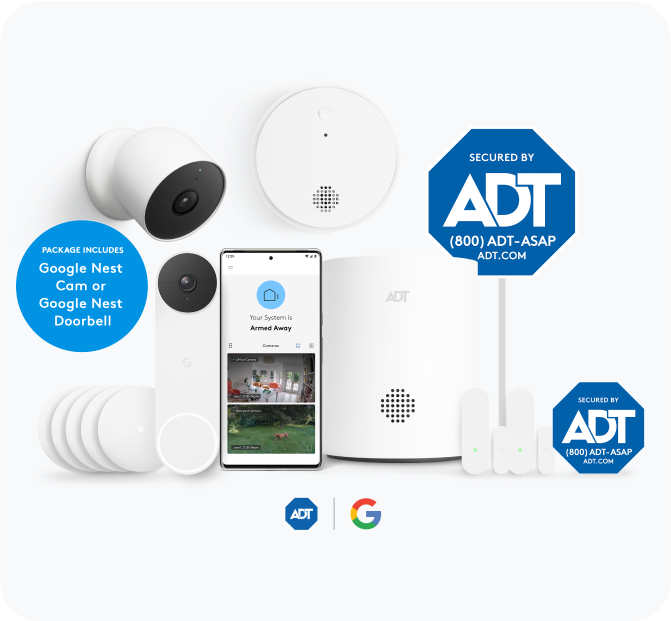 ADT Base Package and Google Camera Package including Google Outdoor Camera, ADT cell phone, smoke detector, yard sign, window sign, and more. ADT Base Package and Google Camera Package including Google Outdoor Camera, ADT cell phone, smoke detector, yard sign, window sign, and more.