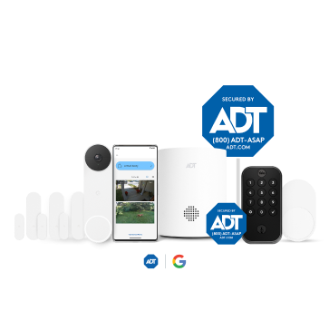 Video Essentials package  consisting of ADT door/window sensors, Google Nest Doorbell, ADT hub, ADT app,  ADT motion sensor, ADT sign, ADT window sticker