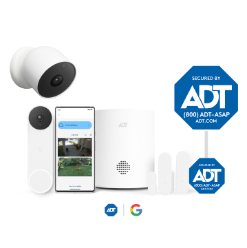 ADT Security Starter package consisting of ADT door/window sensors, ADT app, ADT hub , ADT motion sensor, ADT sign, ADT window sticker