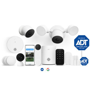 Front Door Protection package consisting of ADT door/window sensors, Google Nest Doorbell, ADT app, ADT hub, ADT motion sensor, ADT sign, ADT window sticker