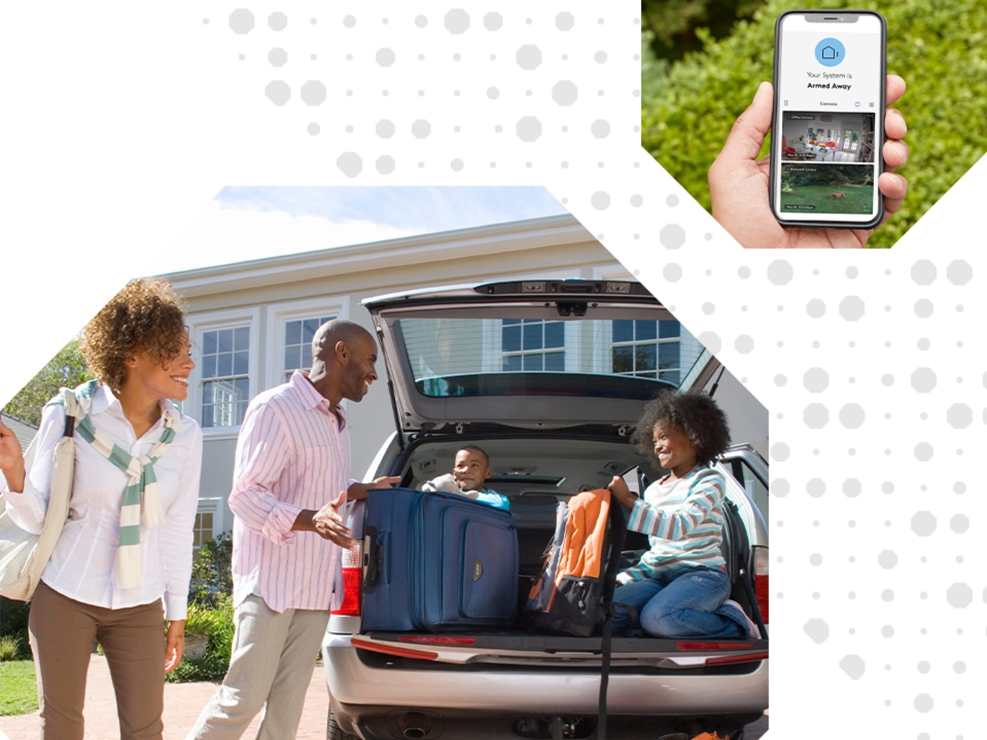 Family packing up their car to go on a trip and checking on their home in the ADT app