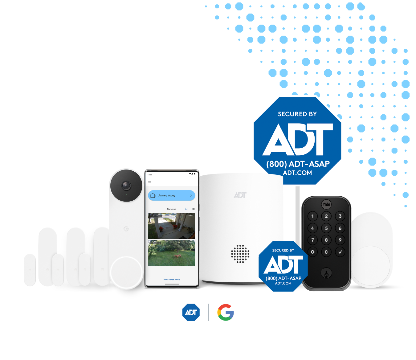 ADT equipment including a Google Nest Doorbell, yard sign, hub, etc.