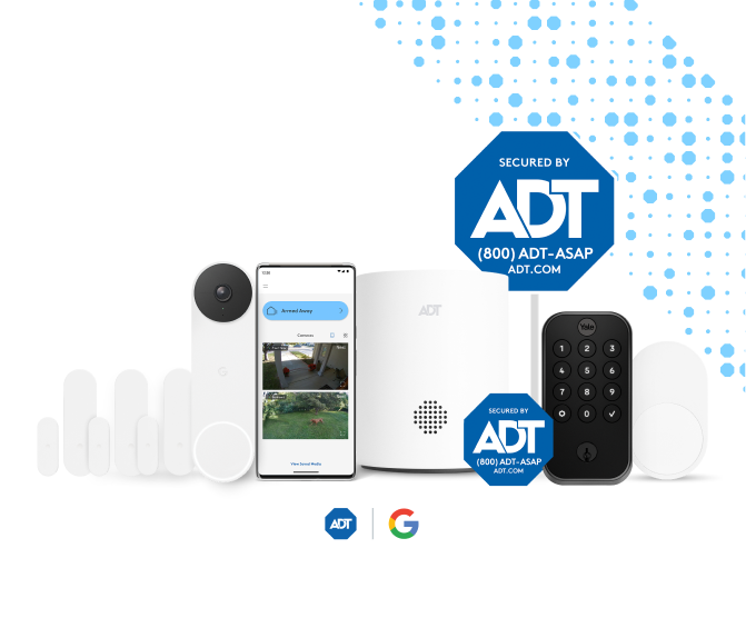 ADT equipment including a Google Nest Doorbell, yard sign, hub, etc.
