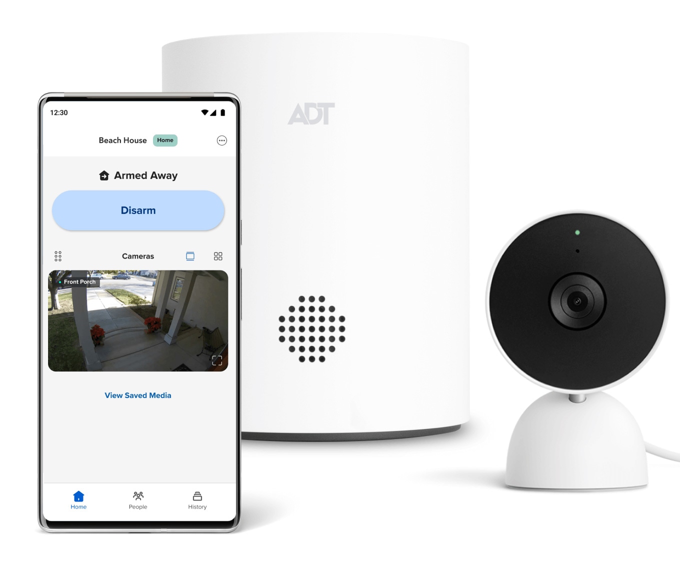 ADT Hub y la aplicación ADT Plus en un teléfono con Google Indoor Cam