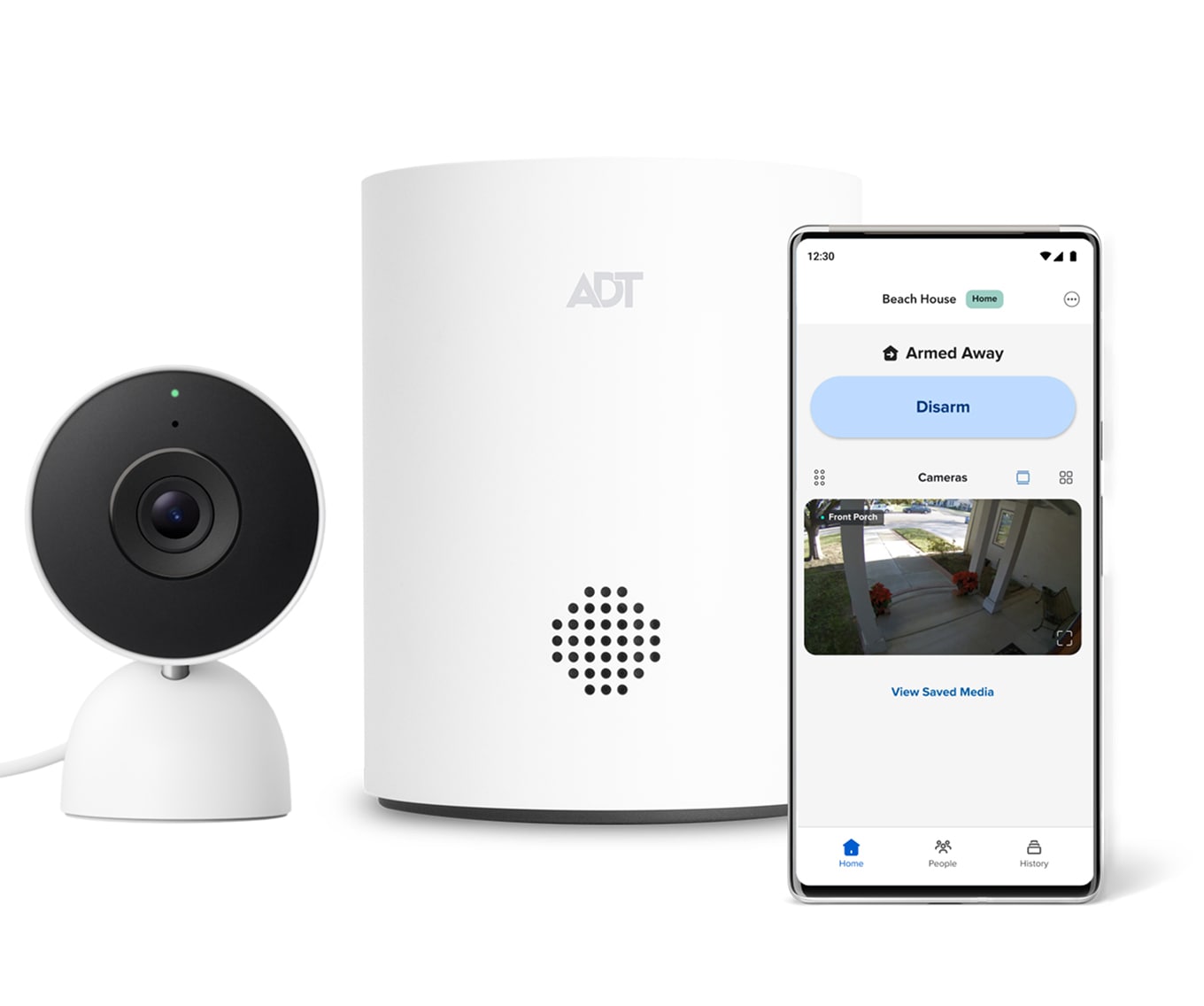 ADT Hub and the ADT Plus App on a phone with Google Indoor Cam
