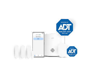 ADT Security Starter package consisting of ADT door/window sensors, ADT app, ADT hub , ADT motion sensor, ADT sign, ADT window sticker