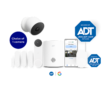 Video Essentials package  consisting of ADT door/window sensors, Google Nest Doorbell, ADT hub, ADT app,  ADT motion sensor, ADT sign, ADT window sticker