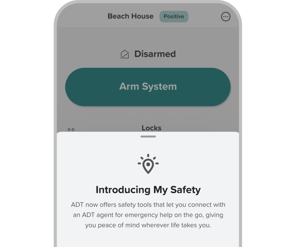 ADT+ app preview of My Safety with My Safety features. On screen text reads: Feel safe, wherever life takes you. 24/7 Emergency Help. Notify Emergency Services.