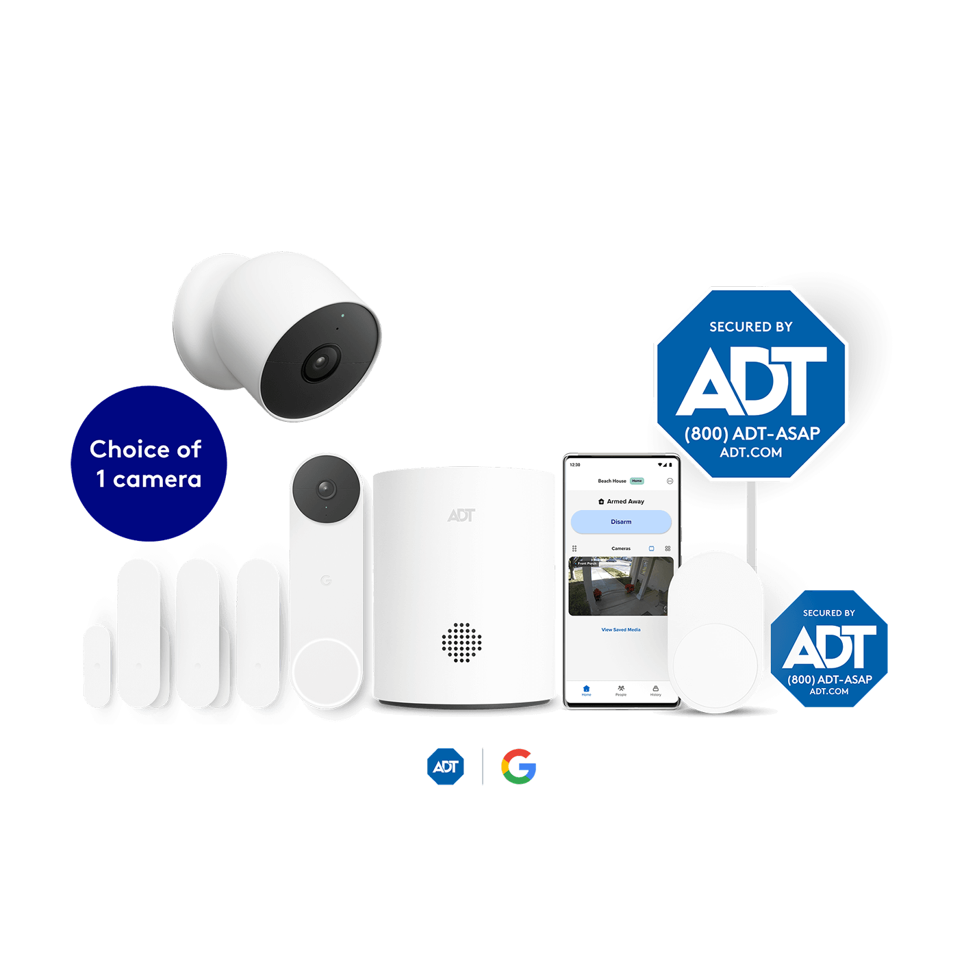 Video Essentials package  consisting of ADT door/window sensors, Google Nest Doorbell, ADT hub, ADT app,  ADT motion sensor, ADT sign, ADT window sticker