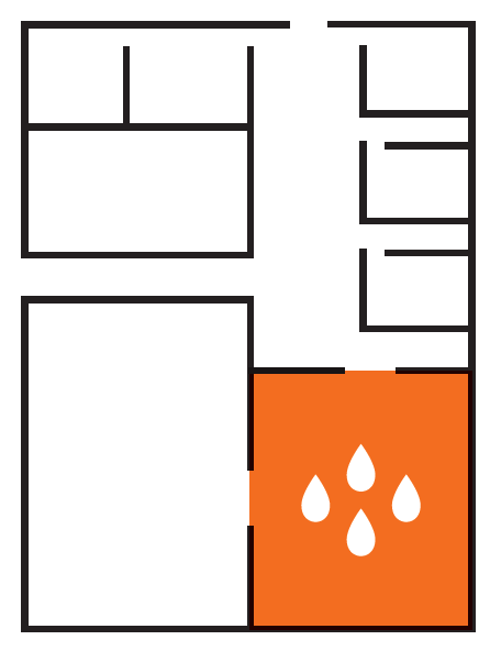 Multi-room floorplan showing sprinkler activation in one room