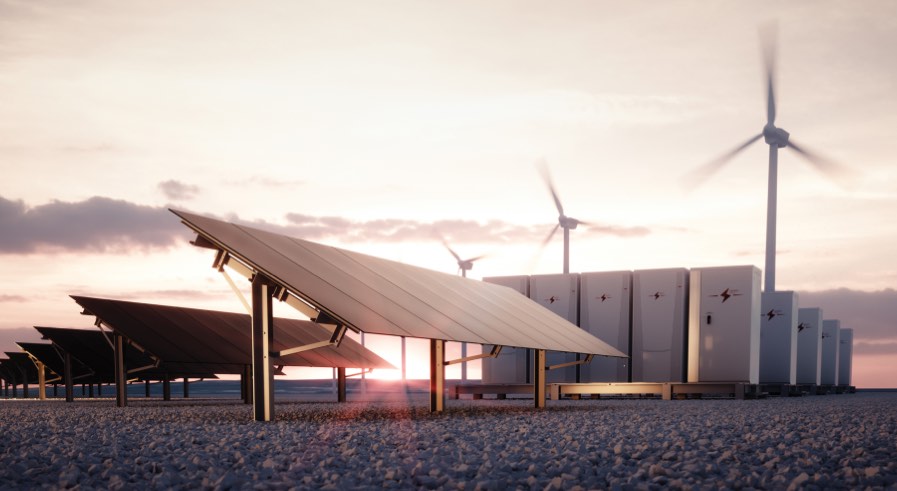 Solar panels and wind turbines with BESS units in rocky field