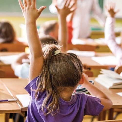 Children at school raising hands