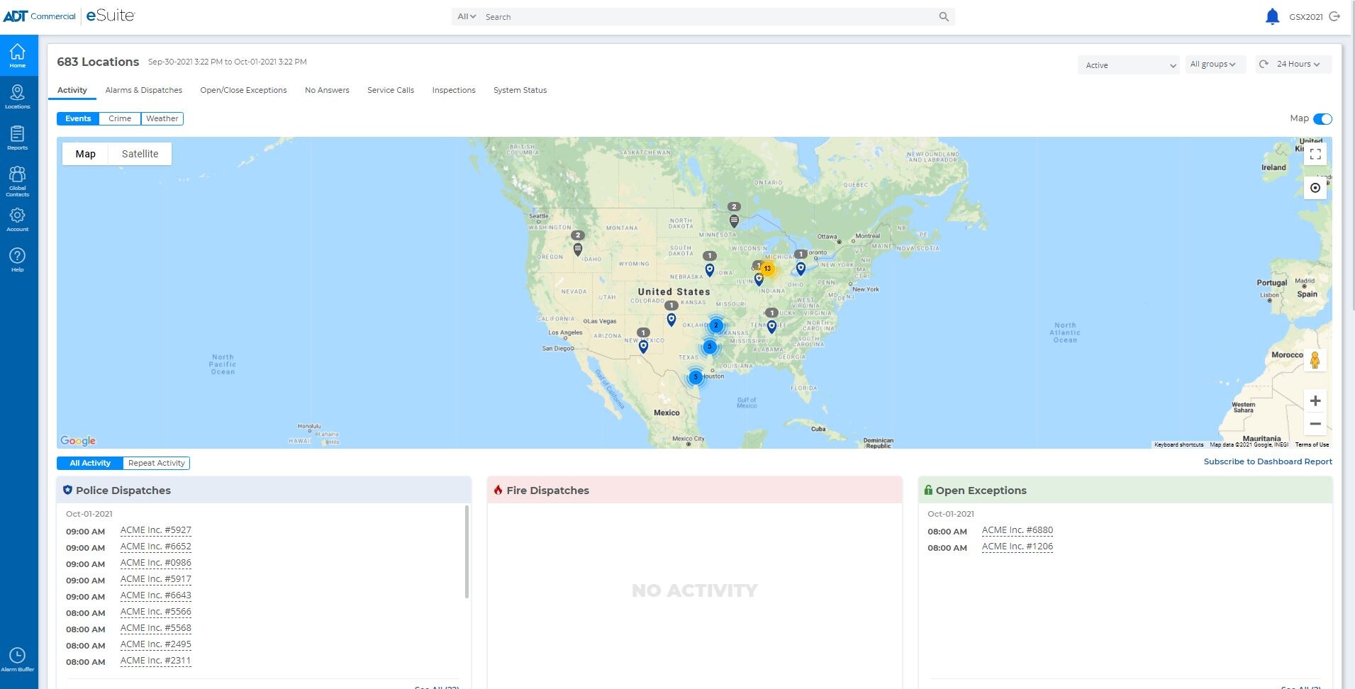 eSuite Home dashboard screenshot showing locations map