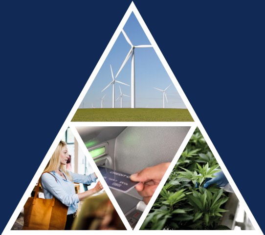 Triangular photo collage of energy, retail, banking and cannabis industries