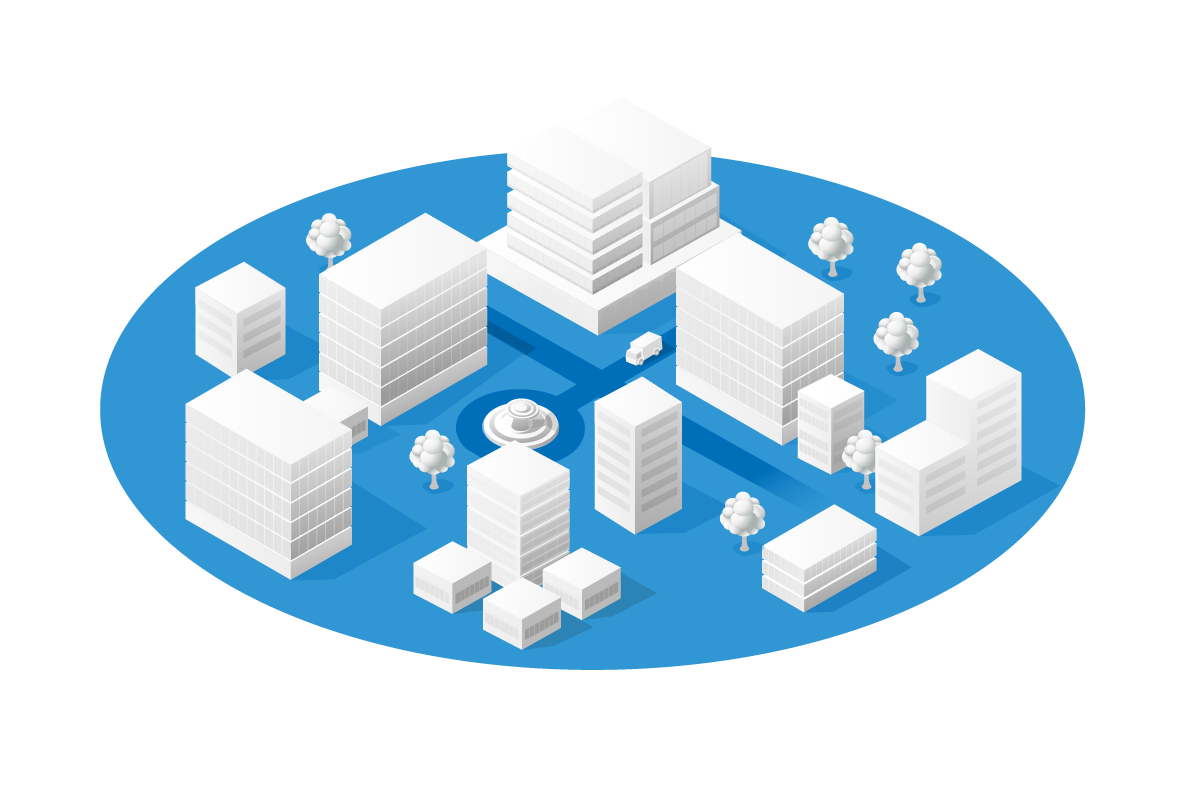 Commercial campus graphic with Security, Fire, Life Safety labels