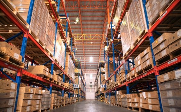 Warehouse racks shot from low angle