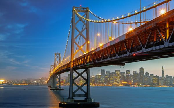 View of San Francisco's Oakland Bay bridge at twilight