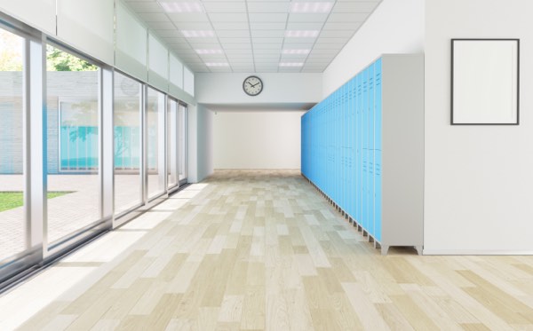 View down an empty modern school hallway