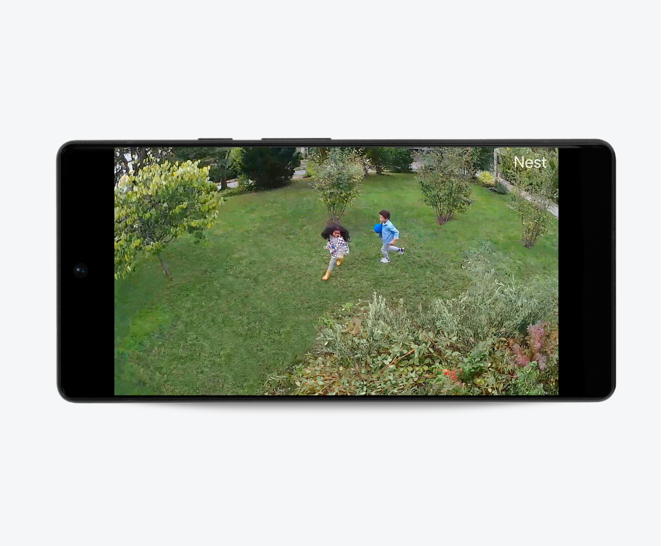 Live footage on a cellphone showing children playing in the backyard 