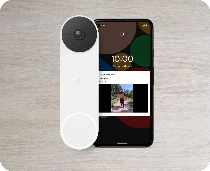 Google Nest Doorbell with a cellphone showing the footage from the doorbell