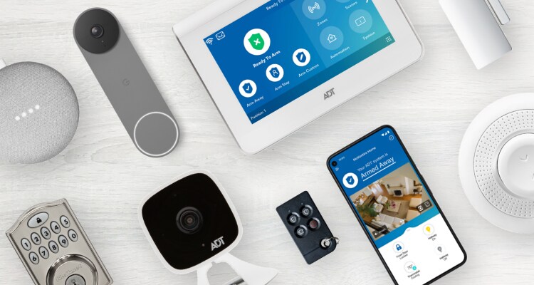 ADT command panel, Google nest doorbell, ADT smark lock, ADT indoor camera, ADT mobile app 