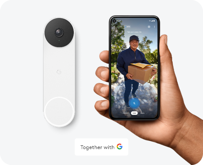 Google doorbell with ADT app on phone showing a delivery man Google doorbell with ADT app on phone showing a delivery man