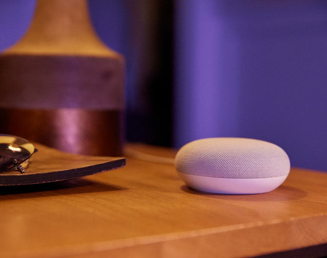 Google voice device on a dresser Google voice device on a dresser
